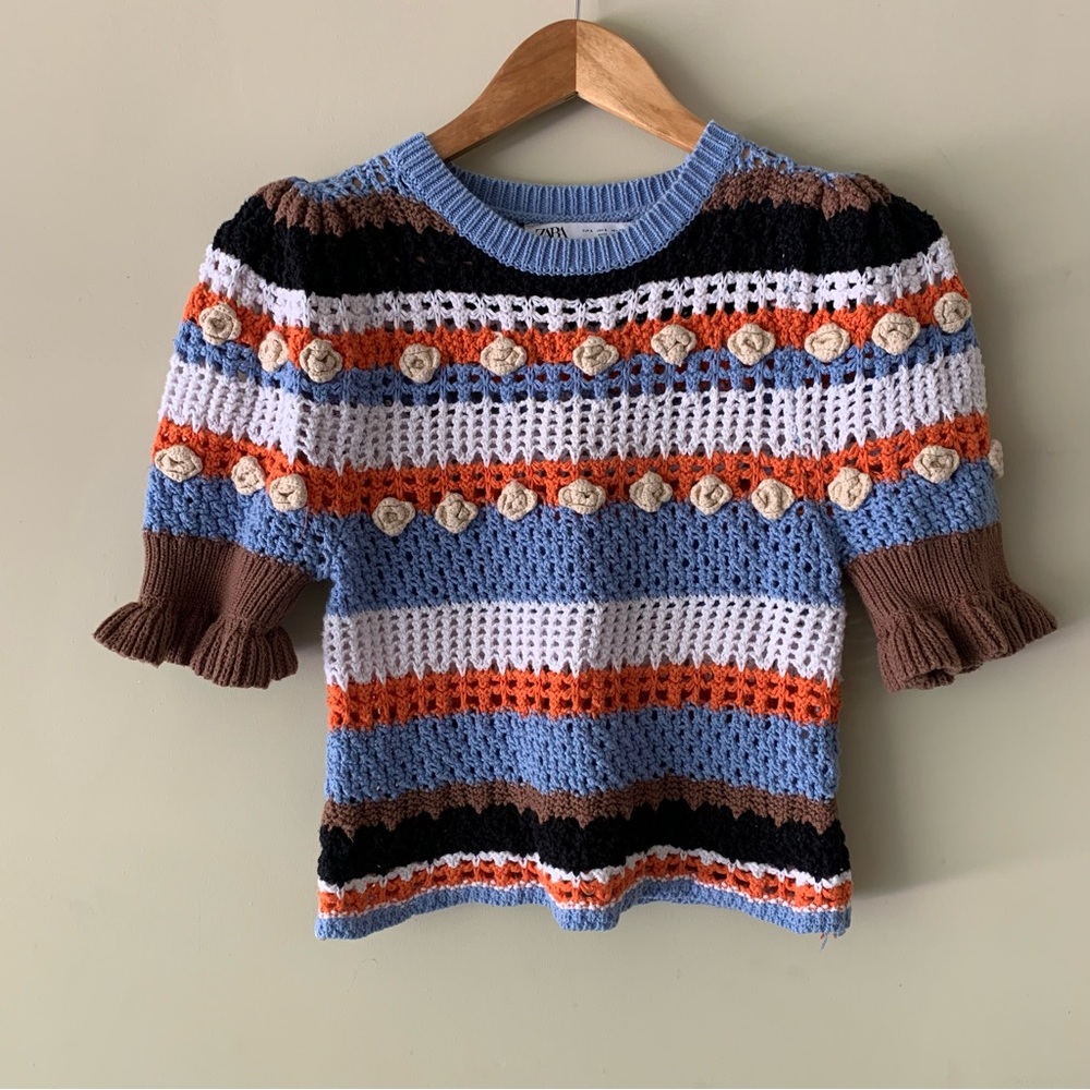 Women’s Zara Boho Crochet Short Sleeve Sweater Small